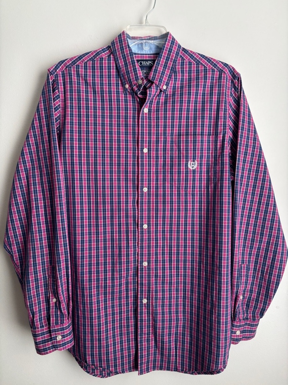 Chaps Plaid Button Down Shirt Men’s LT Pink Blue Stretch Easy Care Long Sleeve